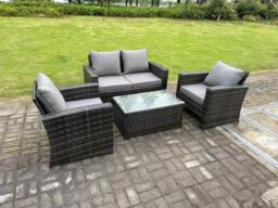 Fimous 4 Seater Grey Mixed High Back Rattan Sofa Set Rectangular Coffee Table Garden Furniture Outdoor Patio in Dark Grey - thumbnail 2