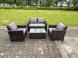 Fimous 4 Seater Grey Mixed High Back Rattan Sofa Set Rectangular Coffee Table Garden Furniture Outdoor Patio in Dark Grey - thumbnail 1