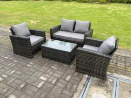Fimous 4 Seater Grey Mixed High Back Rattan Sofa Set Rectangular Coffee Table Garden Furniture Outdoor Patio in Dark Grey - thumbnail 3