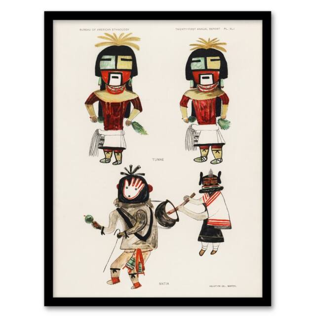 Artery8 Hopi Kachinas Hopi Native Vintage Framed Wall Art Print in White - Size: A4 - image 1