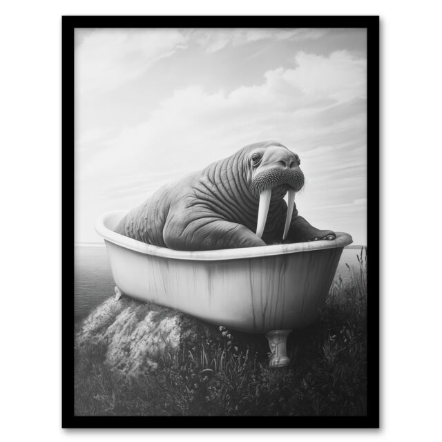 "Artery8 Walrus in Bathtub Black White Coastal Surreal Framed Art Print in Grey - Size: W12"" x H16""" - image 1