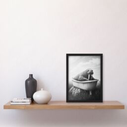 "Artery8 Walrus in Bathtub Black White Coastal Surreal Framed Art Print in Grey - Size: W12"" x H16""" - thumbnail 4