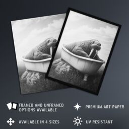 "Artery8 Walrus in Bathtub Black White Coastal Surreal Framed Art Print in Grey - Size: W12"" x H16""" - thumbnail 2