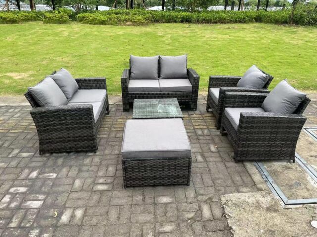 Fimous 7 Seater High Back Rattan Sofa Set Square Coffee Table Garden Furniture 2 Seater Sofa Chairs Outdoor Patio in Dark Grey