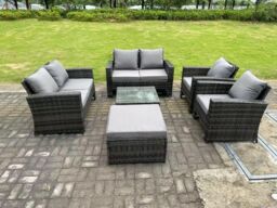 Fimous 7 Seater High Back Rattan Sofa Set Square Coffee Table Garden Furniture 2 Seater Sofa Chairs Outdoor Patio in Dark Grey - thumbnail 1