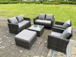 Fimous 7 Seater High Back Rattan Sofa Set Square Coffee Table Garden Furniture 2 Seater Sofa Chairs Outdoor Patio in Dark Grey - thumbnail 2