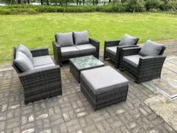 Fimous 7 Seater High Back Rattan Sofa Set Square Coffee Table Garden Furniture 2 Seater Sofa Chairs Outdoor Patio in Dark Grey - thumbnail 3