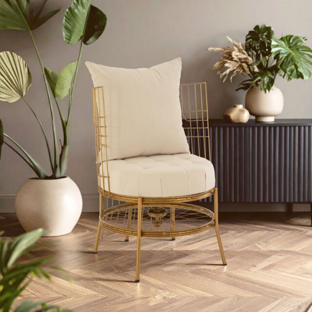 Orsina Luxurious Gold Finish Chair With Cushion, Fabric Upholstered Arm Chair For Bedroom, Stylish Armchair - image 1