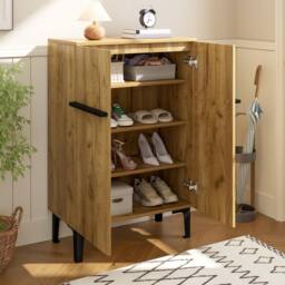 Merax Entryway 60cm Minimalist Shoe Cabinet with Adjustable Shelves in Light Oak - thumbnail 3