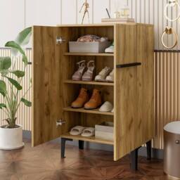 Merax Entryway 60cm Minimalist Shoe Cabinet with Adjustable Shelves in Light Oak - thumbnail 7