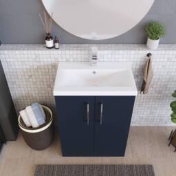 Balterley Contemporary Bathroom Floor Standing 2 Soft-Close Door Vanity Unit & Mid-Edge Ceramic Basin, Midnight Blue, 600 mm in Blue - thumbnail 3