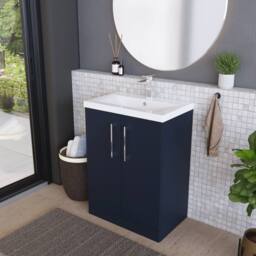 Balterley Contemporary Bathroom Floor Standing 2 Soft-Close Door Vanity Unit & Mid-Edge Ceramic Basin, Midnight Blue, 600 mm in Blue - thumbnail 4