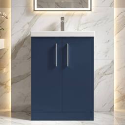 Balterley Contemporary Bathroom Floor Standing 2 Soft-Close Door Vanity Unit & Mid-Edge Ceramic Basin, Midnight Blue, 600 mm in Blue - thumbnail 6
