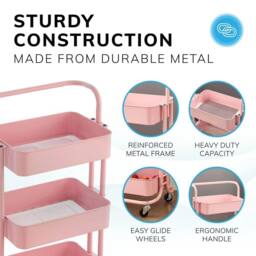 Havendro 3 Tier Storage Cart On Wheels Home Kitchen Office in Pink - thumbnail 5