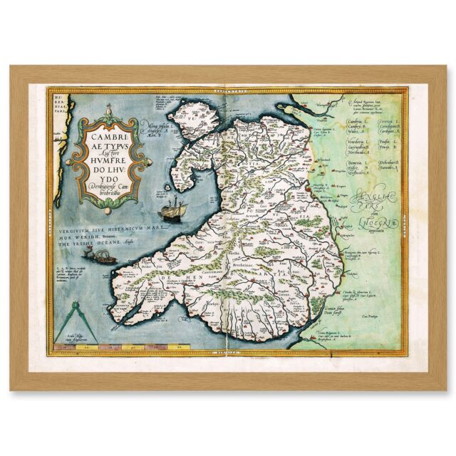 Artery8 Map Humphrey Llwyds Map Wales 1572 Britain UK Artwork Framed Wall Art Print A4 in Light Oak - image 1