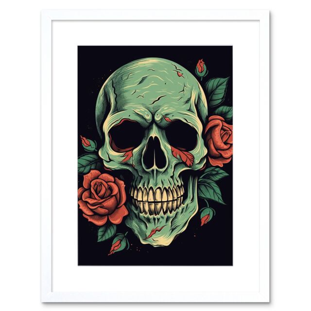 "Artery8 Wall Art Print Old School USA Tattoo Ink Body Art Skull Rose Rockabilly Americana 50s Artwork Framed 9X7 Inch in White - Size: W7"" x H9""" - image 1