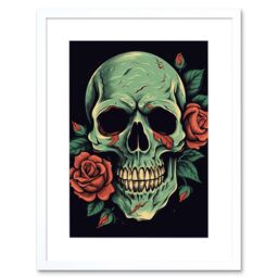 "Artery8 Wall Art Print Old School USA Tattoo Ink Body Art Skull Rose Rockabilly Americana 50s Artwork Framed 9X7 Inch in White - Size: W7"" x H9""" - thumbnail 1