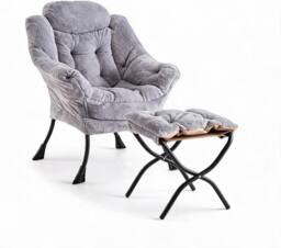 London Boutique Modern Lazy Chair w/Ottoman Upholstered Reading Chair Accent Chair in Grey - thumbnail 2