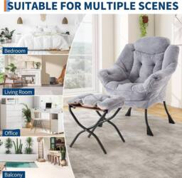 London Boutique Modern Lazy Chair w/Ottoman Upholstered Reading Chair Accent Chair in Grey - thumbnail 4