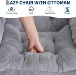London Boutique Modern Lazy Chair w/Ottoman Upholstered Reading Chair Accent Chair in Grey - thumbnail 5