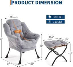 London Boutique Modern Lazy Chair w/Ottoman Upholstered Reading Chair Accent Chair in Grey - thumbnail 3