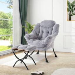 London Boutique Modern Lazy Chair w/Ottoman Upholstered Reading Chair Accent Chair in Grey - thumbnail 8