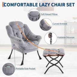 London Boutique Modern Lazy Chair w/Ottoman Upholstered Reading Chair Accent Chair in Grey - thumbnail 6