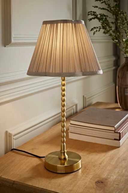 ValueLights Maeve Light Grey Pleated Faux Silk Scallop Shade Brushed Gold Bobbin Table Lamp - image 1