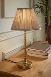 ValueLights Maeve Light Grey Pleated Faux Silk Scallop Shade Brushed Gold Bobbin Table Lamp