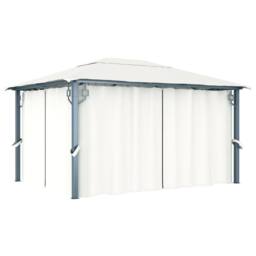 Berkfield Home Gazebo with Curtain&LED String Lights 4x3 m Cream Aluminium in Beige - thumbnail 3