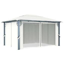 Berkfield Home Gazebo with Curtain&LED String Lights 4x3 m Cream Aluminium in Beige - thumbnail 5