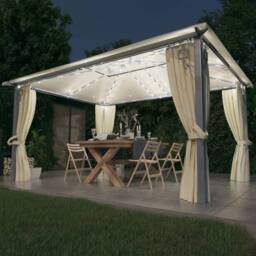 Berkfield Home Gazebo with Curtain&LED String Lights 4x3 m Cream Aluminium in Beige - thumbnail 2