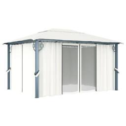Berkfield Home Gazebo with Curtain&LED String Lights 4x3 m Cream Aluminium in Beige - thumbnail 4