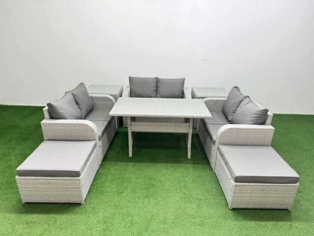 Fimous 8 Seater PE Wicker Rattan Furniture Sofa Sets with Rectangular Dining Table 2 Seater Love Sofa 2 Big Footstool 2 Side Table Light Grey - image 1