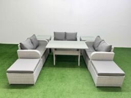 Fimous 8 Seater PE Wicker Rattan Furniture Sofa Sets with Rectangular Dining Table 2 Seater Love Sofa 2 Big Footstool 2 Side Table Light Grey - thumbnail 1