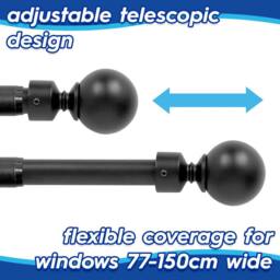 Harbour Housewares Extendable Metal Ball Curtain Pole Kit - 77 to 150cm in Black - thumbnail 4