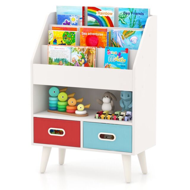 Gymax Wooden 3-Tier Bookshelf Book Display Rack With Folding Fabric Drawers in White - image 1
