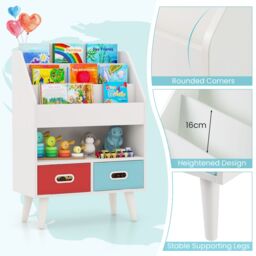 Gymax Wooden 3-Tier Bookshelf Book Display Rack With Folding Fabric Drawers in White - thumbnail 7