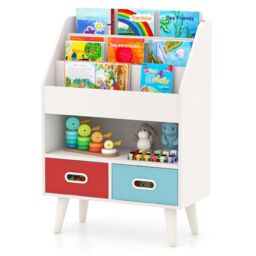 Gymax Wooden 3-Tier Bookshelf Book Display Rack With Folding Fabric Drawers in White - thumbnail 1
