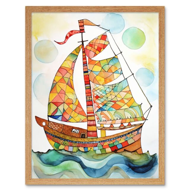 "Artery8 Wall Art Print Sailing Ship At Sunrise Folk Art Framed in Light Oak - Size: W12"" x H16""" - image 1