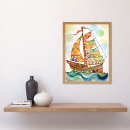 "Artery8 Wall Art Print Sailing Ship At Sunrise Folk Art Framed in Light Oak - Size: W12"" x H16""" - thumbnail 2