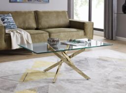 FurnitureboxUK Leonardo Rectangular Glass Coffee Table with Metal Angled Starburst Legs for Modern Living Rooms in Gold