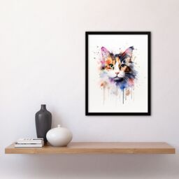"Artery8 Wall Art Print Calico Cat Lovers Gift Watercolour Pet Portrait Painting Artwork Art Framed - Size: W12"" x H16""" - thumbnail 4