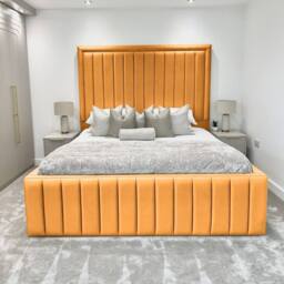 Living Comfort Bedz Hampton Slatted Base Upholstered Bed with 54-Inch panel Headboard in Mustard - Size: King - thumbnail 2