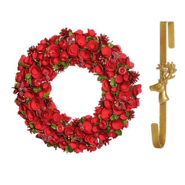 Dibor 42cm Extra Large Red Rose Christmas Wreath with Deer Wreath Hanger - image 1