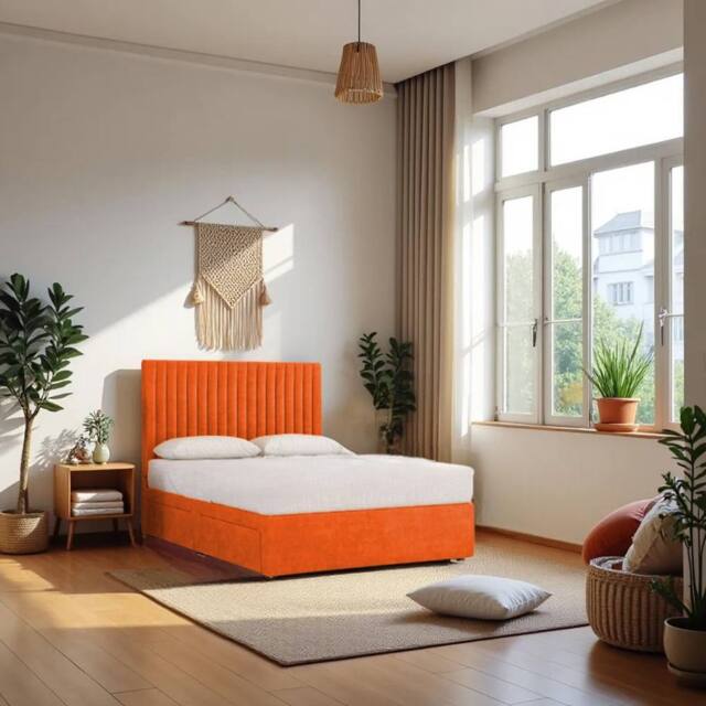Knight Sleep Emily No Draw Divan Bed Base with Headboard Plush Velvet in Orange - Size: Small Double - image 1