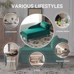 BTM Velvet Chaise Lounge with Storage & Pillow, Right Armrest in Green - Size: 1 Pack - thumbnail 6