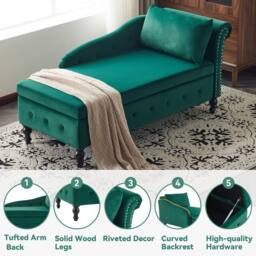 BTM Velvet Chaise Lounge with Storage & Pillow, Right Armrest in Green - Size: 1 Pack - thumbnail 7