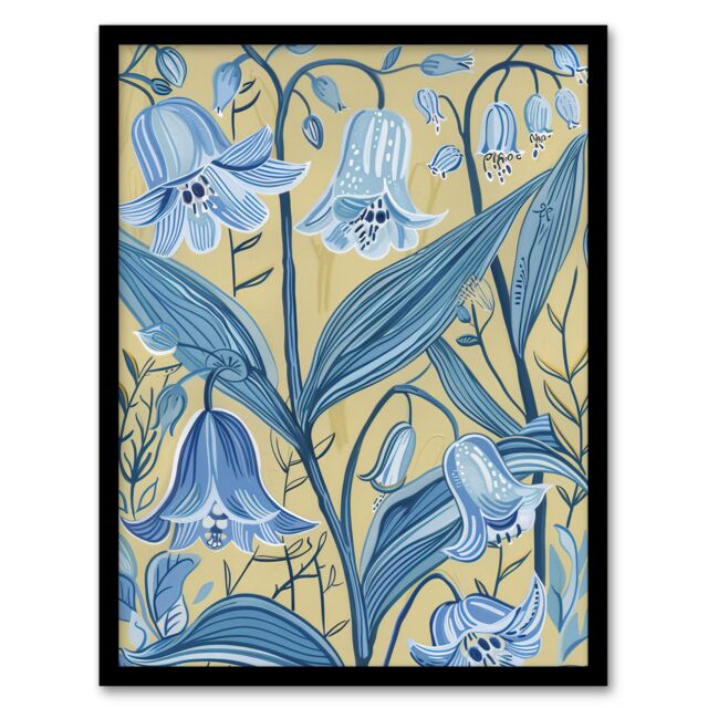 "Artery8 Bluebells in Bloom Painting Ochre Blue Flowers Framed Art Print - Size: W12"" x H16""" - image 1