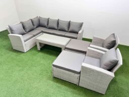 Fimous Outdoor 10 Seater Corner Sofa Sets with Chair Big Stools Light Grey - thumbnail 1